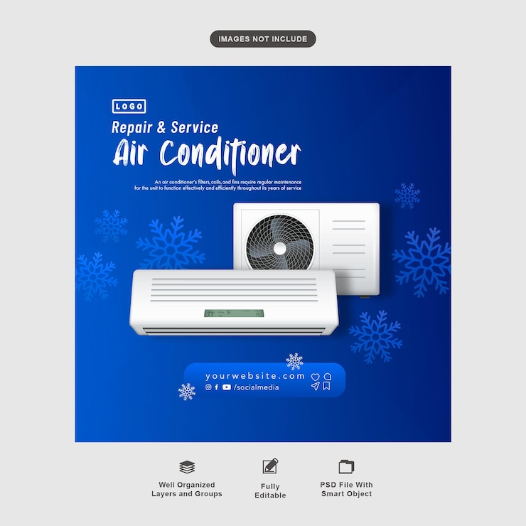 PSD air conditioner repair and service advertisement with a blue background