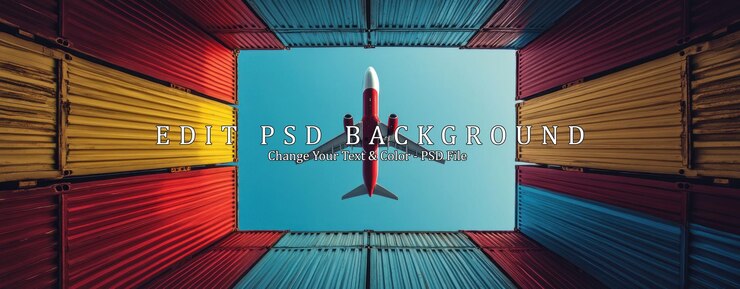 PSD airplane flying over cargo containers