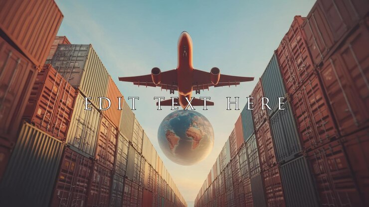 PSD airplane flying over a globe between shipping containers