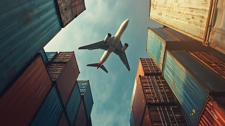 PSD airplane flying over stacked cargo containers at a port