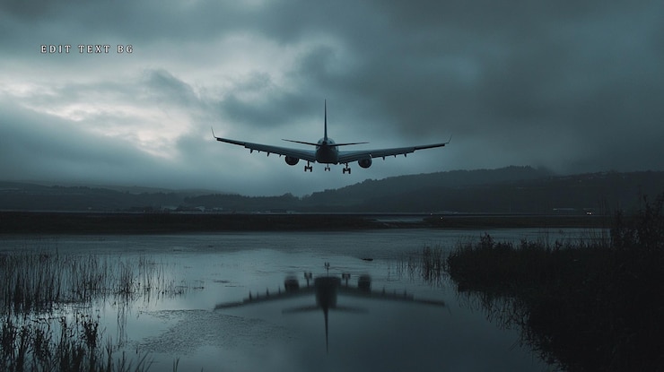 PSD airplane landing in stormy weather reflected in water