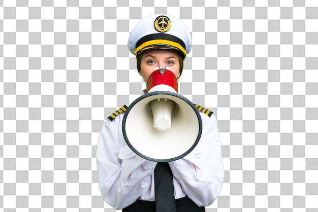 airplane pilot woman over isolated chroma key background shouting through a megaphone