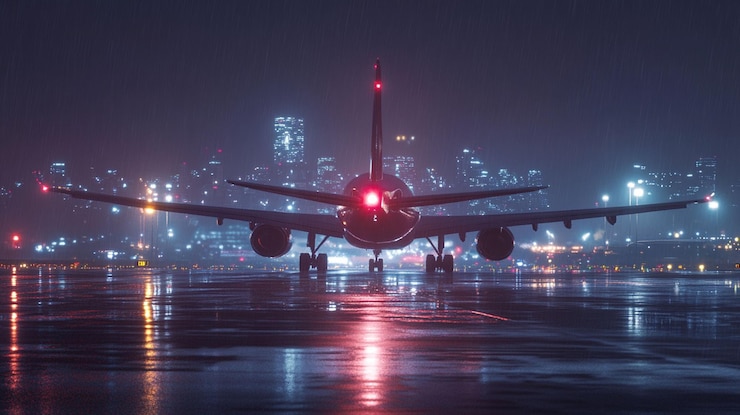 PSD airplane on runway at night in rain city skyline in background