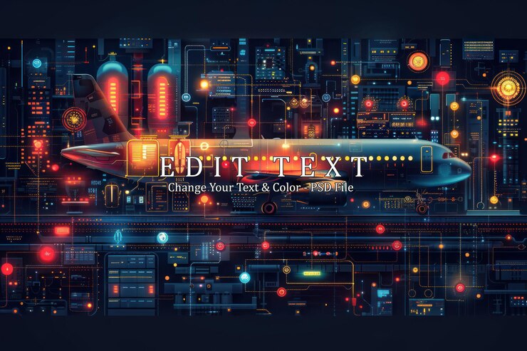 PSD an airplane on a runway with a complex network of wires and lights surrounding it representing the intricate systems and technology involved in air travel