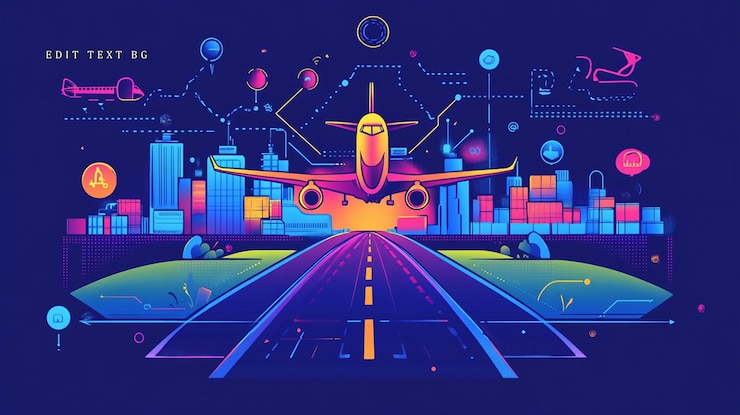 PSD airplane taking off from city runway with futuristic technology elements