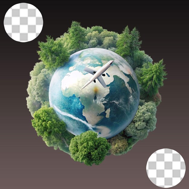 Airplane travel on globe on transparent background