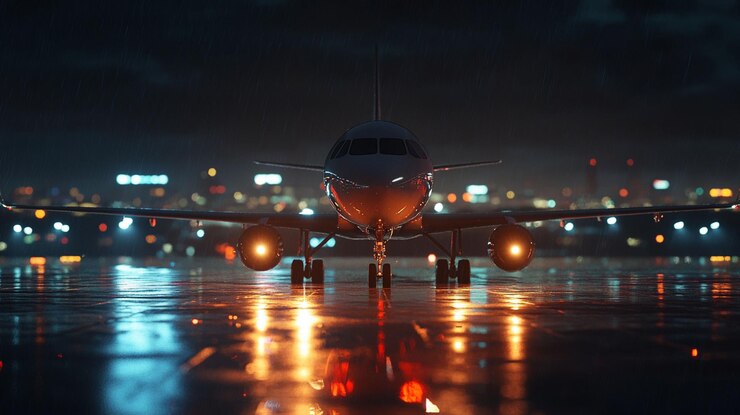 PSD airplane on wet runway at night city lights reflecting in puddles