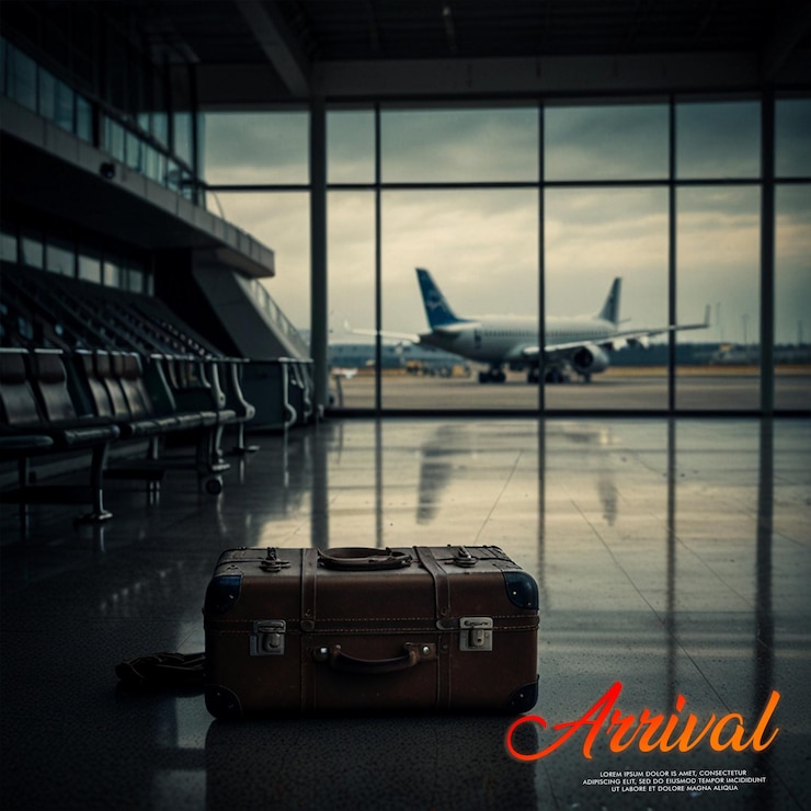PSD airport terminal scene with suitcases and airplane