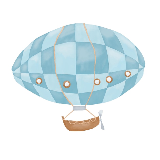airship with boat and propeller blue and brown watercolor digital color illustration