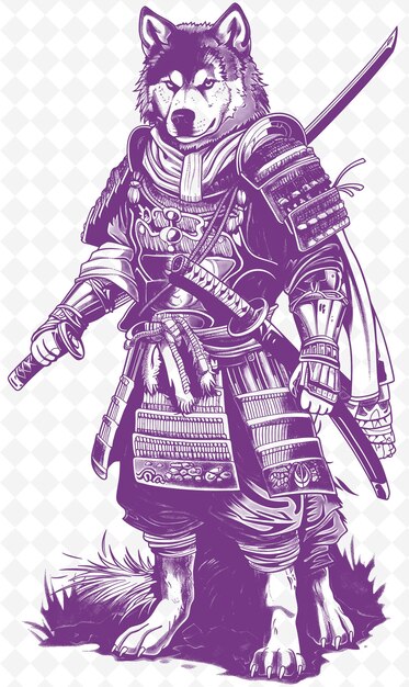 Akita dog with a samurai sword and armor looking powerful an animals sketch art vector collections