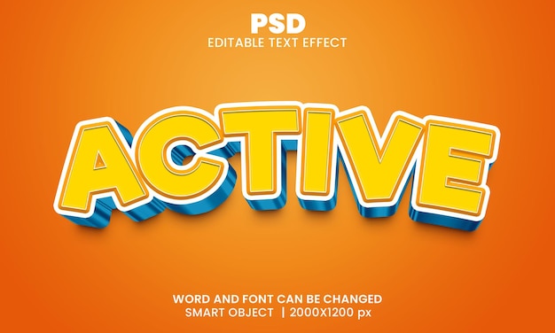 Aktiv 3D redigerbar teksteffekt Premium PSD med baggrund