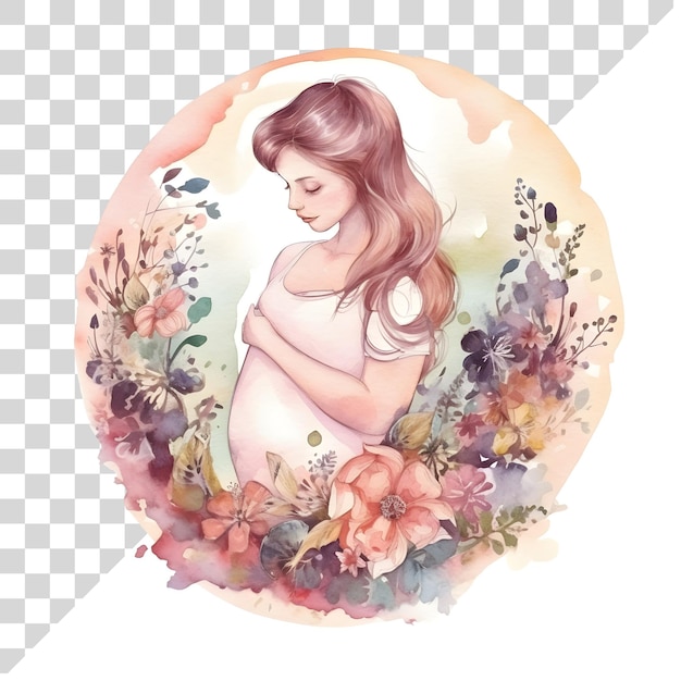PSD akwarel ładny klipart kobieta w ciąży z kwiatami wieńc kwiatowy na przezroczystym tle