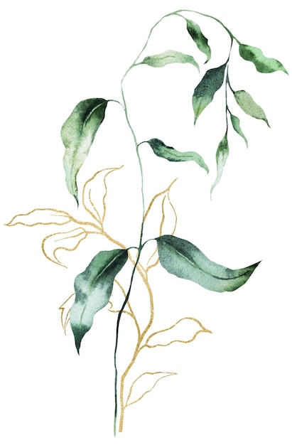 Akwarel zielony i złoty liście botaniczne izolowane ilustracja element papierniczy ślubny