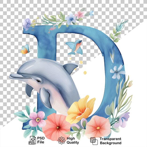 PSD akwarela alfabet litera d delfin z kwiatami odizolowanymi na przezroczystym tle