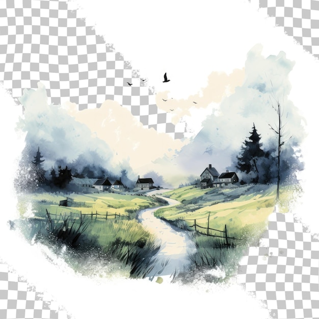 PSD akwarela krajobraz z czarnym tuszem do rzęs ilustrujący abstrakcyjny plusk czarnej farby sylwetki wioski na logo w stylu pocztówki na przezroczystym tle