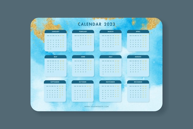Akwarela Niebieski Kalendarz 2023 W Języku Angielskim
