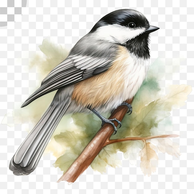 PSD akwarela przedstawiająca sikorę na gałęzi - kreskówka ptak png do pobrania