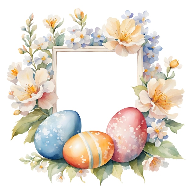 PSD akwarela vintage kwadratowa ramka z jajkami wielkanocnymi i kwiatami element ilustracji projektowej na święta