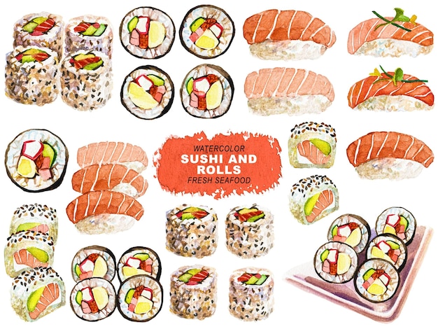 Akwarelowo malowane sushi i rolki Ręcznie rysowane elementy izolowane na przezroczystym tle