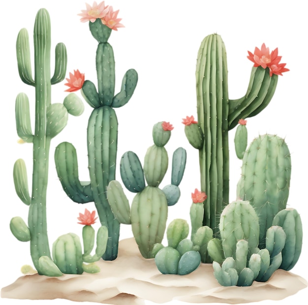 PSD akwarelowy obraz uroczego kaktusa pustynnego