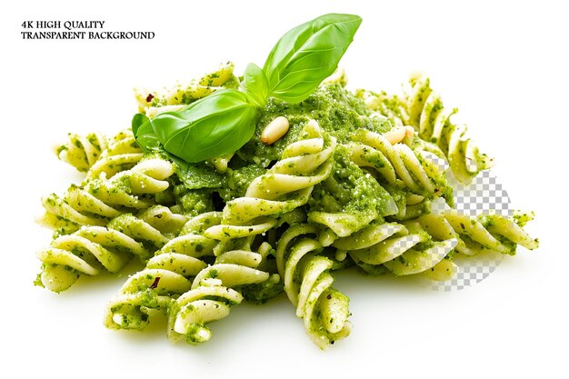 Al dente pasta coated in vibrant green pesto sauce on transparent background