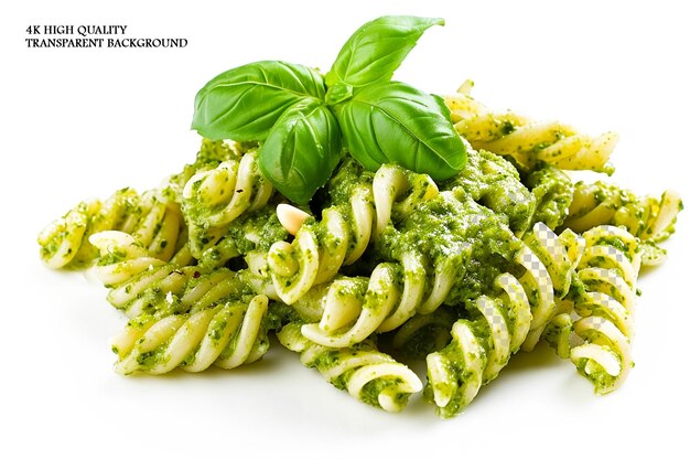 Al dente pasta coated in vibrant green pesto sauce on transparent background