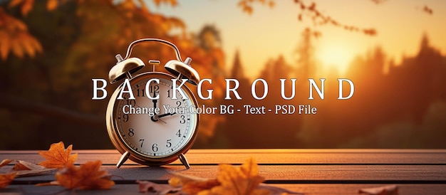 PSD alarm clock and autumn leaves on table outdoors