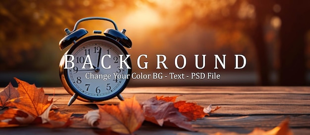 PSD alarm clock and autumn leaves on table outdoors