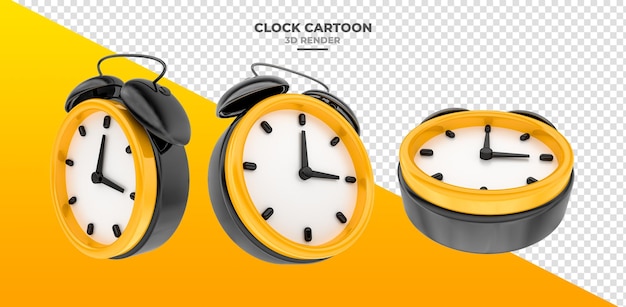 alarm clock clock black with yellow in cartoon 3d render with transparent background