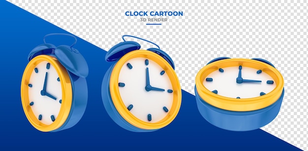 Alarm clock clock blue with yellow in cartoon 3d render with transparent background