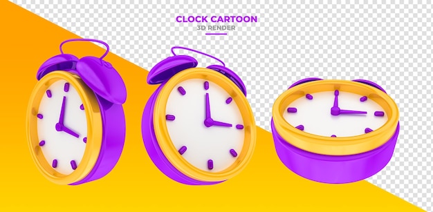 Sveglia viola con giallo nel rendering 3d dei cartoni animati con sfondo trasparente