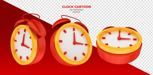 alarm clock clock red with yellow in cartoon 3d render with transparent background
