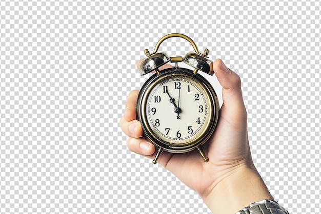 PSD alarm clock in hand on white isolated background