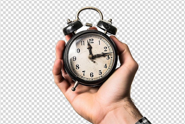 PSD alarm clock in hand on white isolated background