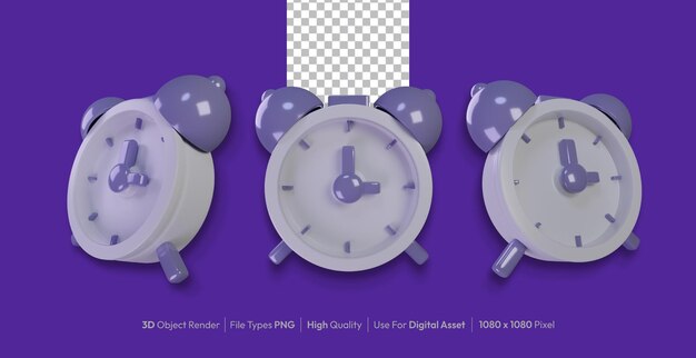 PSD alarm clock white purple isolated on background with 3d rendering