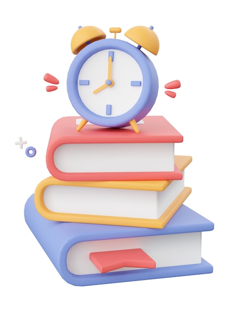 PSD alarm clock with books 3d illustration elements of school supplies