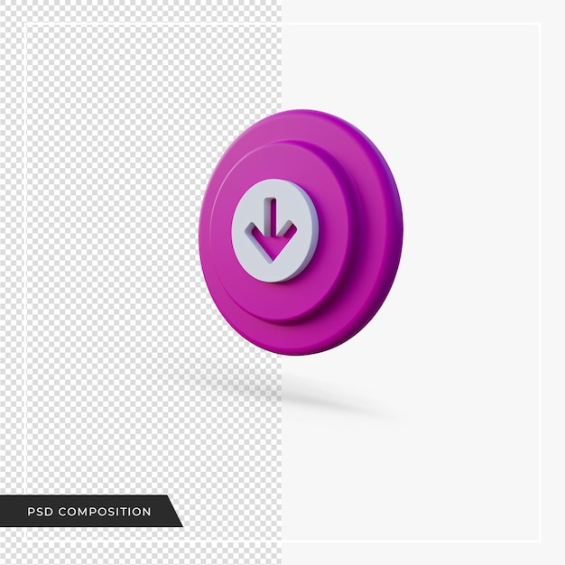 Alaspäin osoittava nuoli, violetti pyöreä kuvake, 3D-renderöinti