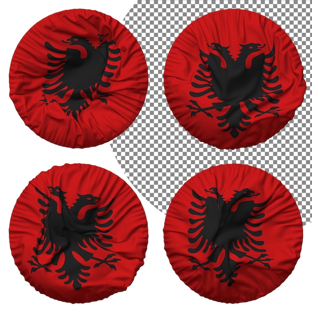 Bandiera dell'albania di forma rotonda isolata con diversi stili di ondulazione bump texture rendering 3d