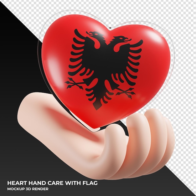Bandiera dell'albania con cuore mano cura realistica 3d testurizzata