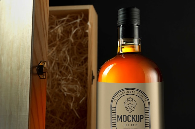 Макет бутылки алкоголя с деревянной коробкой