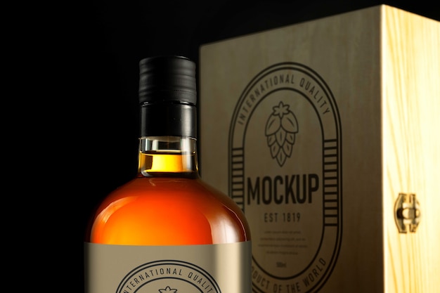 PSD alcohol bottle mock-up with wooden box