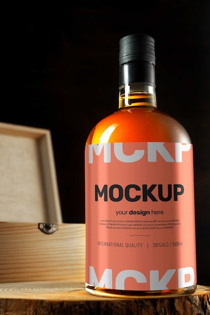 Alcohol bottle mock-up with wooden box