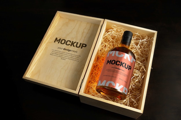 PSD alcohol bottle mock-up with wooden box