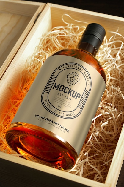PSD alcohol bottle mock-up with wooden box