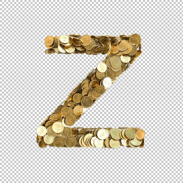 PSD alfabet gemaakt van gouden munten op transparante achtergrond