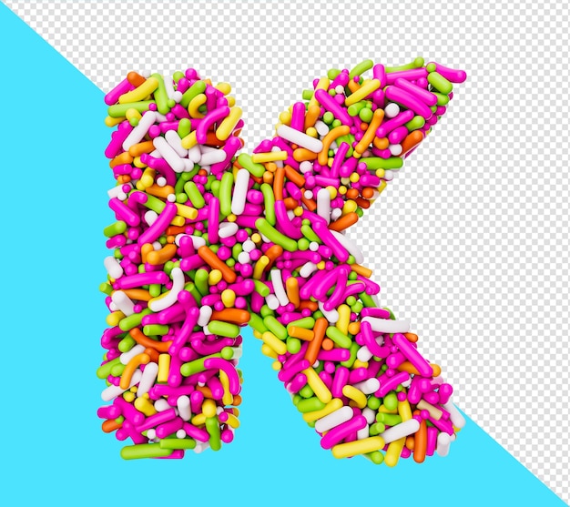 Alfabet K wykonany z kolorowych posypek Litera K Tęcza posypuje ilustrację 3d