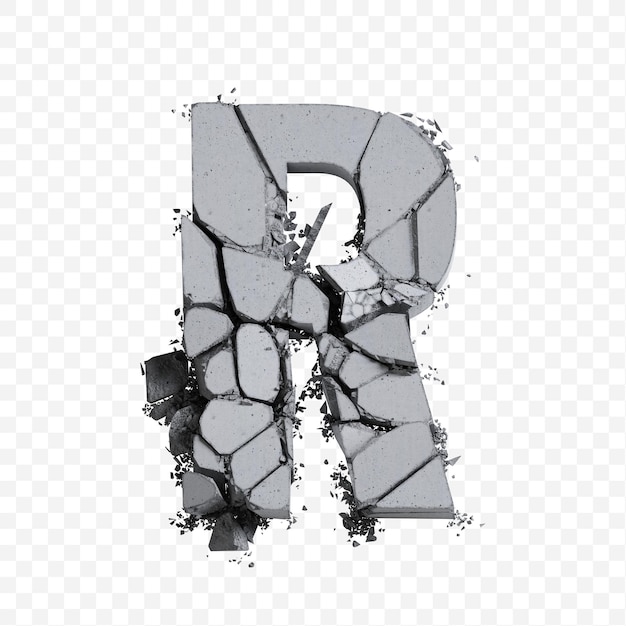 Alfabet letter r gemaakt van gebroken betonblok 3D illustratie geïsoleerd