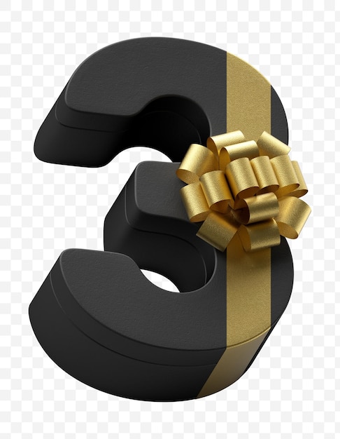 Alfabet nummer 3 cadeau verpakt in donker zwart papier met luxe gouden strik geïsoleerd psd-bestand