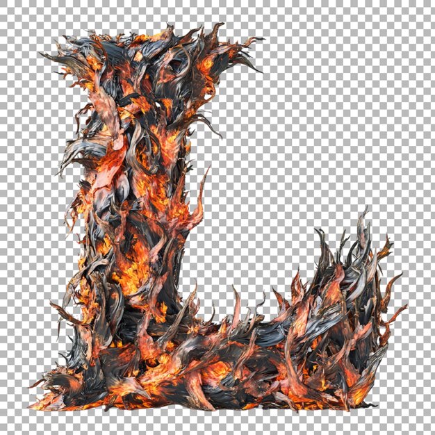 Alfabet PNG L w stylu ognia izolowany na przezroczystym tle dla ognistych projektów odważnych marek lub dynamicznych aplikacji typograficznych