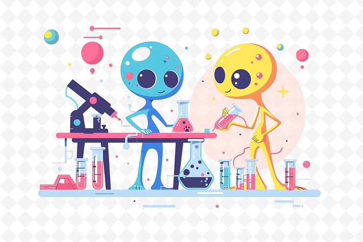 PSD alien characters conducting experiments design is extraterre flat illustration festival theme art